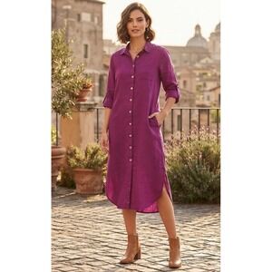 4our Dreamers Womens Magenta Linen Blend Long Button Down Shirt Dress Large